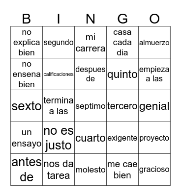 El horario esp3 Bingo Card