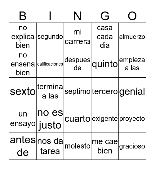 El horario esp3 Bingo Card