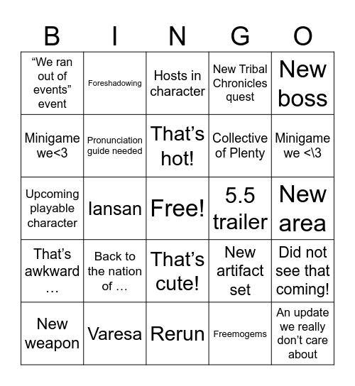 Genshin 5.5 Bingo Card
