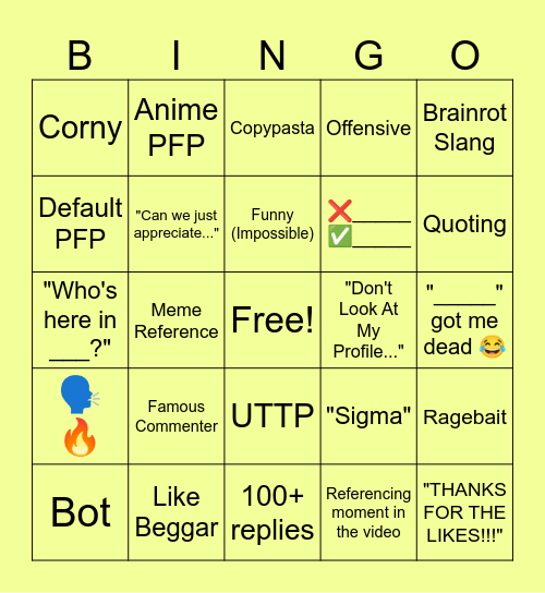Youtube Shorts Bingo 8: Commenter's Delight Bingo Card