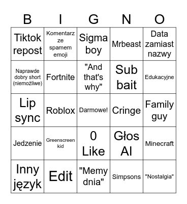 YT shorts Bingo Card