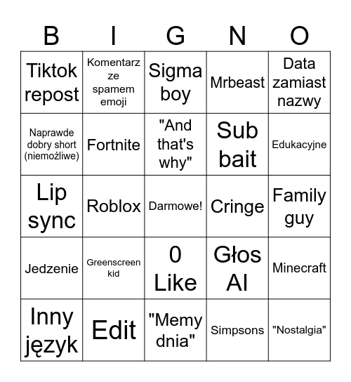 YT shorts Bingo Card
