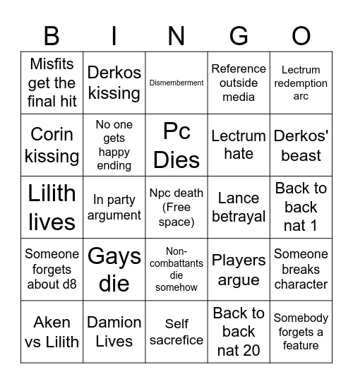 Finale Bingo Card