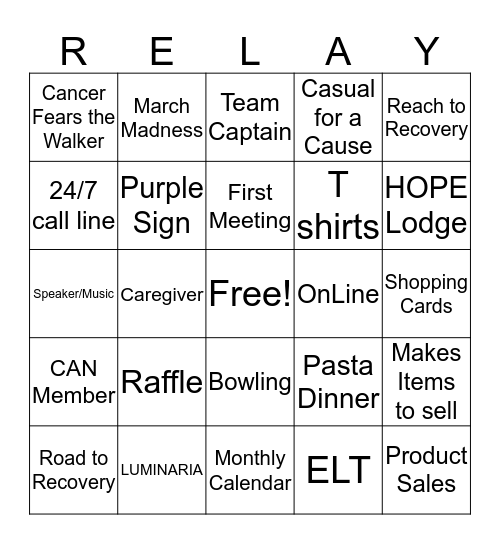 Relay for Life Kutztown Bingo Card