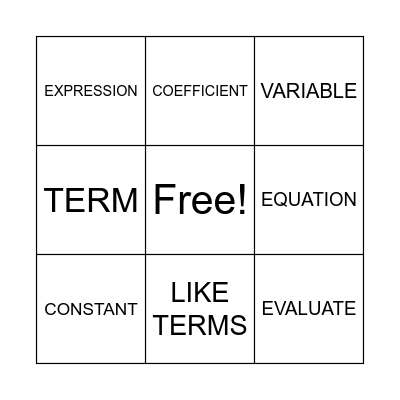 ALGEBRA Bingo Card