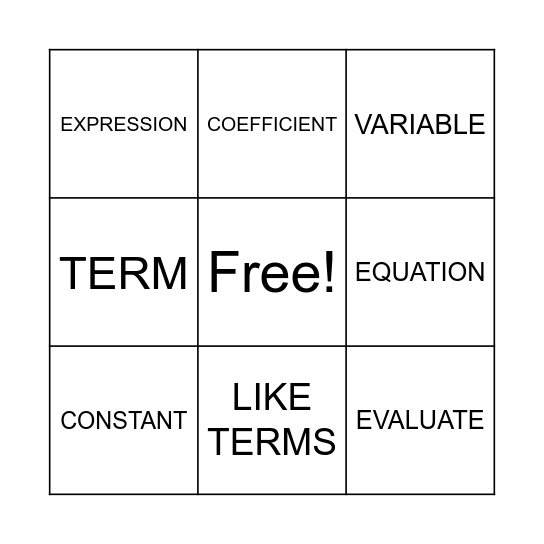 ALGEBRA Bingo Card