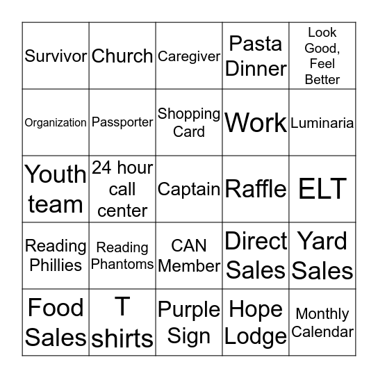 Relay for Life Kutztown Bingo Card