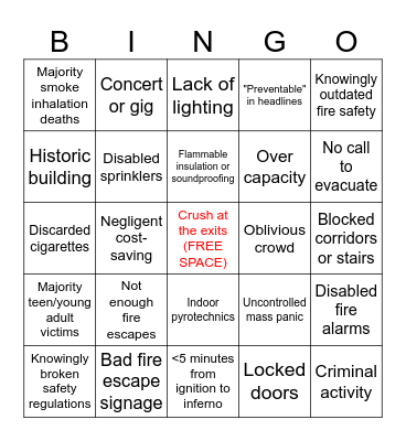 Fire Disaster Bingo Card