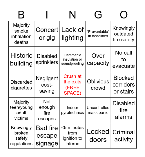 Fire Disaster Bingo Card