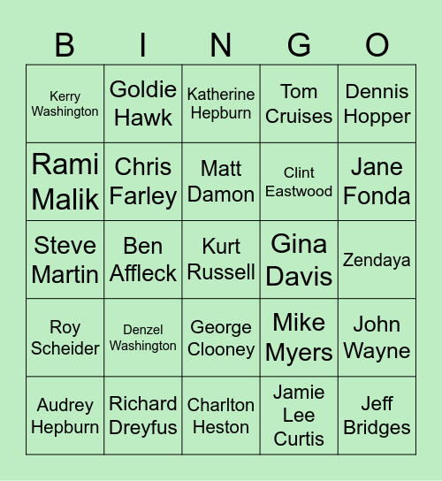 Movie Stars Bingo Card
