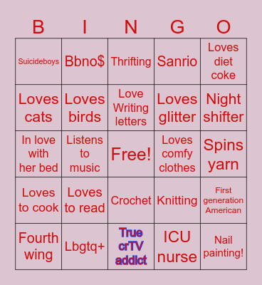 Pen Pal Bingo Card