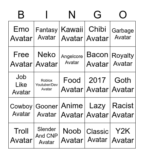 Roblox Avatar Bingo Card
