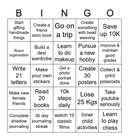 2025 Goals Bingo Card