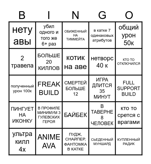 DOTA 2 Bingo Card