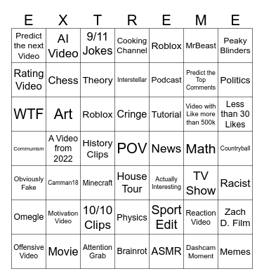 Youtube Shorts Bingo Challenge Bingo Card
