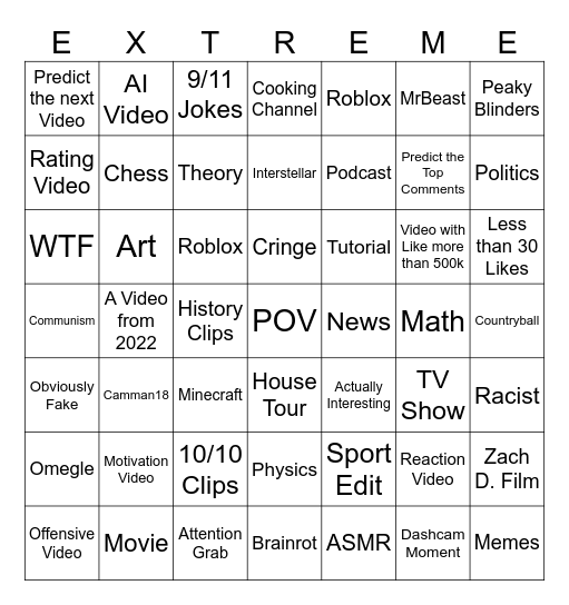 Youtube Shorts Bingo Challenge Bingo Card