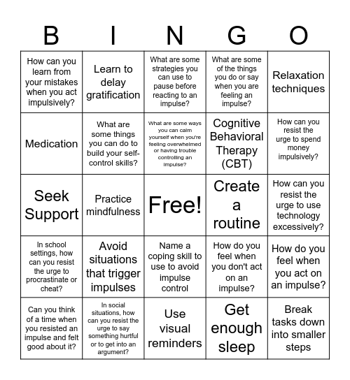 Impulse Control Hillside Bingo Card