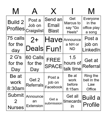 MAXIM  Bingo Card