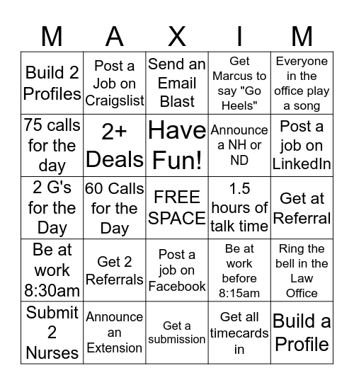 MAXIM  Bingo Card