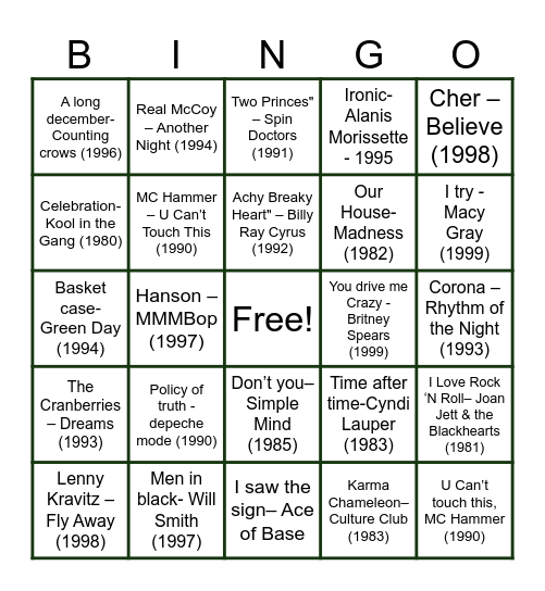 80's-90's Songs Bingo Card