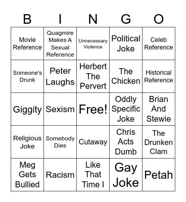 Family Guy Bingo Card