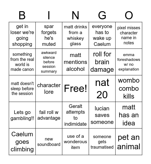 Weaving And Breathing D&D Bingo Card