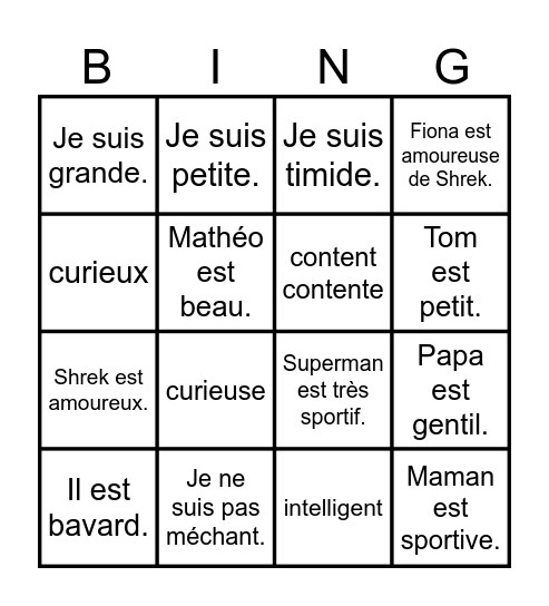 Les adjectifs Bingo Card