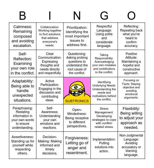 Conflict Resolution Hillside Bingo Card