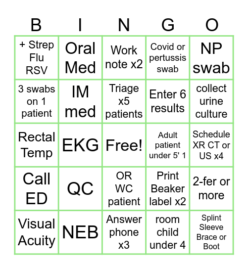 87th Urgent Care Bingo Card