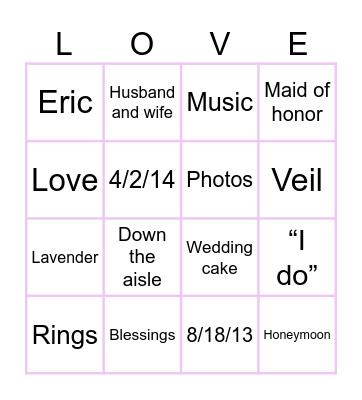 Kelsey’s Bridal Bingo Card