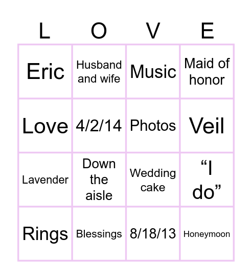 Kelsey’s Bridal Bingo Card