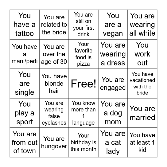 POC Bachelorette Bingo Card