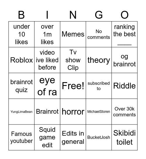 Youtube Bingo Card
