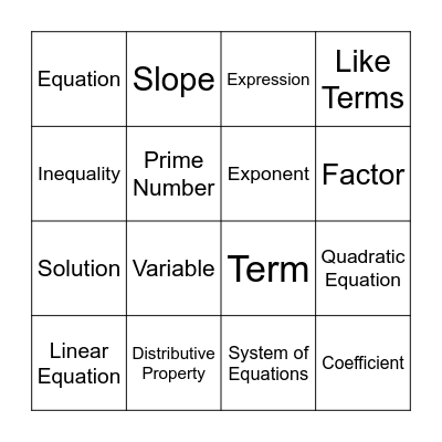 Algebra Vocabulary Review Bingo Card