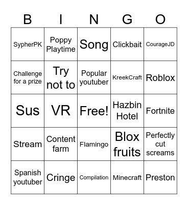 Youtube Bingo Card