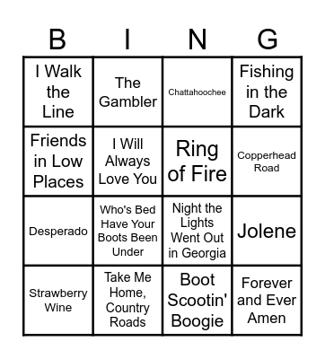 Country Music Hits Bingo Card