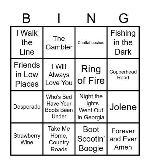 Country Music Hits Bingo Card