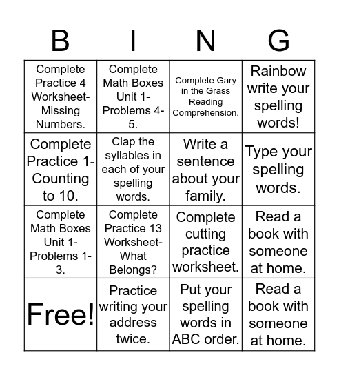 Homework Bingo- Group 2 (10/3) Bingo Card