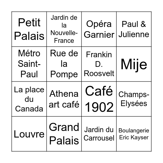 Une Journée à Paris Bingo Card