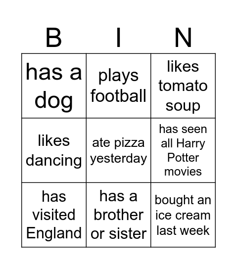 Class Survey Bingo Card