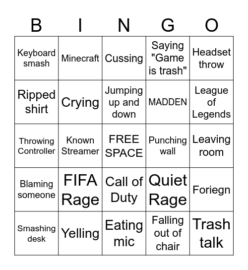 Gamer Rage Bingo Card