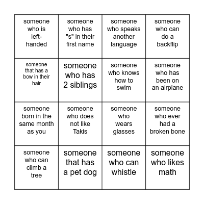 Get to know you Bingo Card