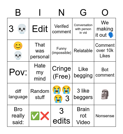 Youtube Shorts Commets Bingo Card