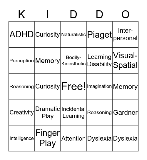 Intellectual Development Bingo Card