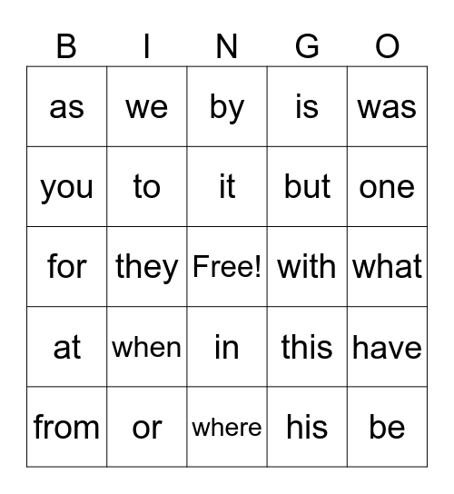 Sight Words Bingo Card