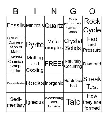 Rocks and Minerals Bingo Card
