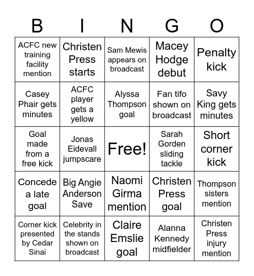Angel City FC Home Opener Bingo Card