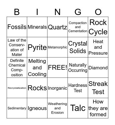 Rocks and Minerals Bingo Card