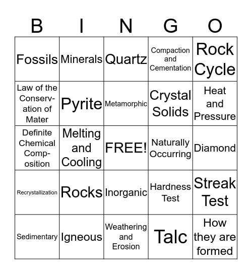 Rocks and Minerals Bingo Card