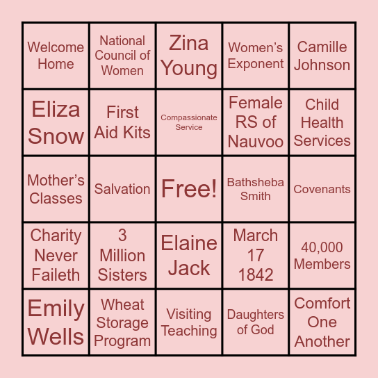 Relief Society Birthday Bingo Card
